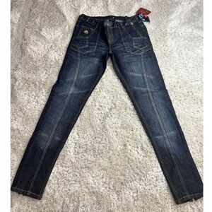 House of Dereon Skinny Jeans Dark Wash Lace Up Zip Ankle Blue Size 13/14 NWT